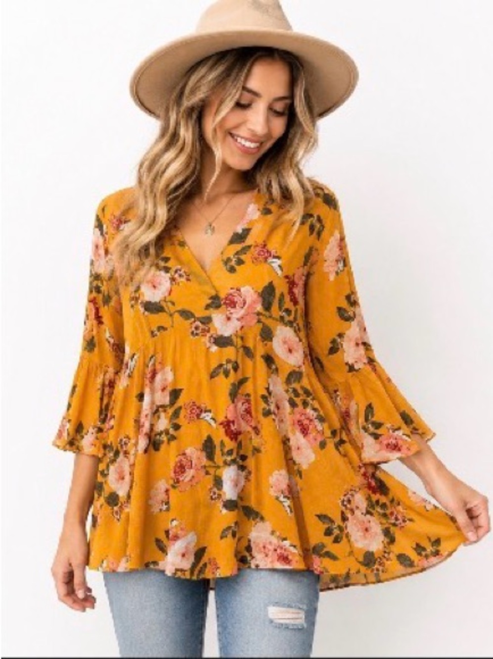 UMGEE Mustard Floral V-Neck Babydoll Top